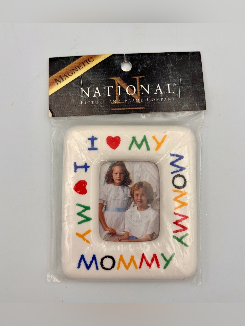 90s I Love My Mommy Photo Frame White Colorful Letters Hearts 3.5” X 3” Magnet